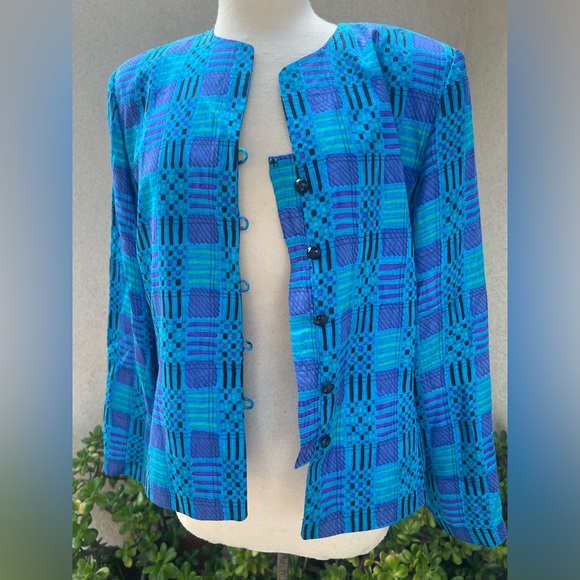 Silk studio blazer jacket blues geometric print lined Sz 14 - Picture 7 of 10